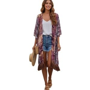 Umgee‎ Boho Paisley Fringe Kimono Cardigan Purple Orange Size Medium